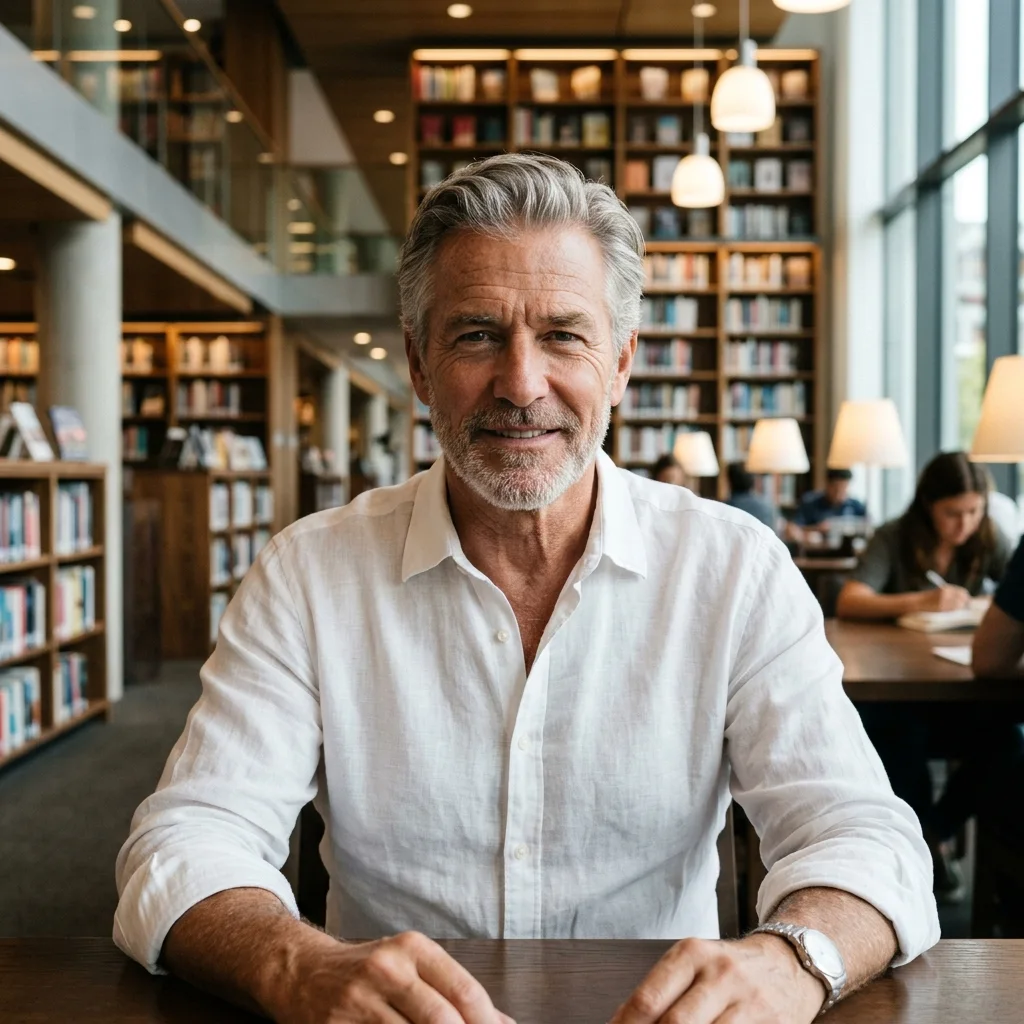 Older man reading contentedly in a library
