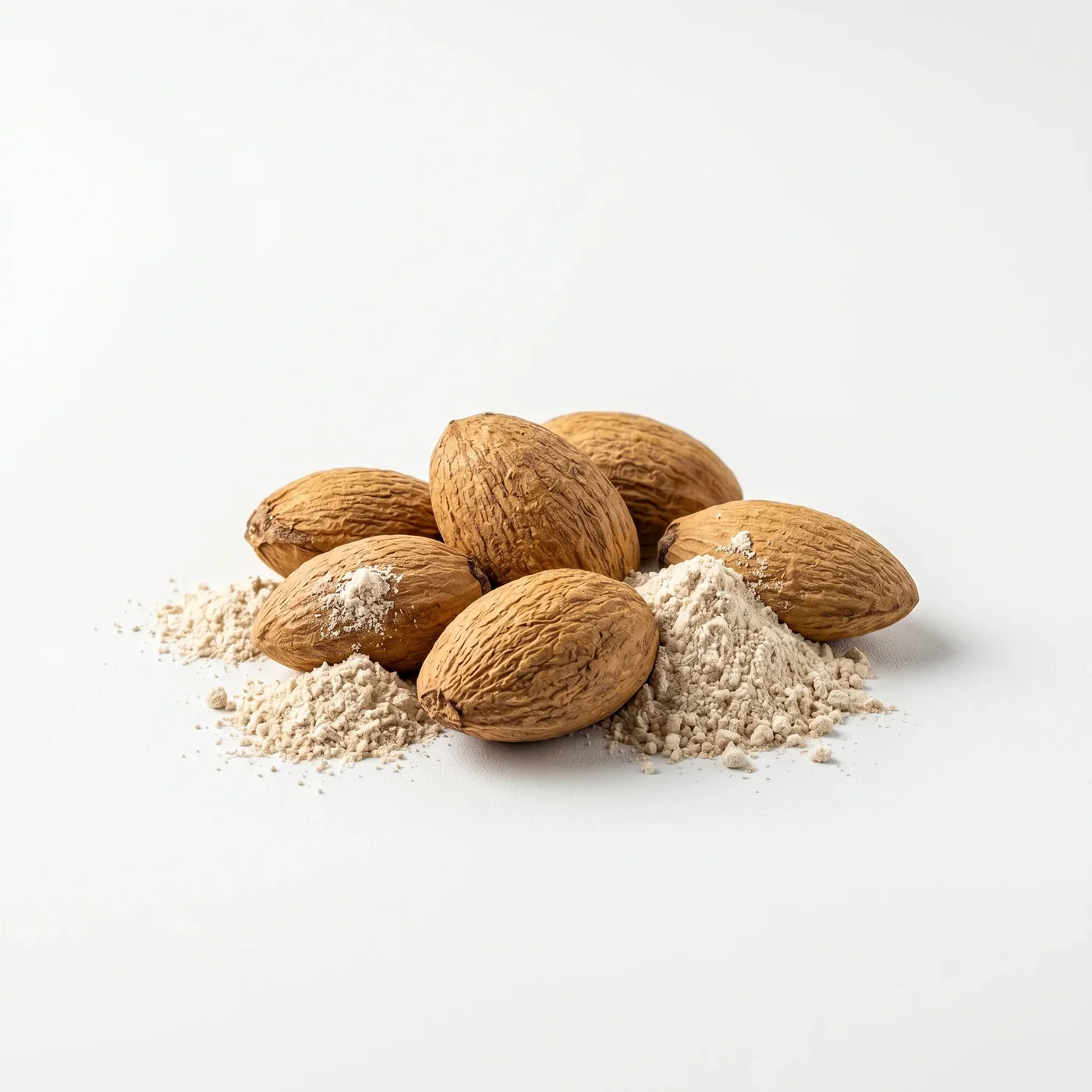 African mango seeds and powder on a white background