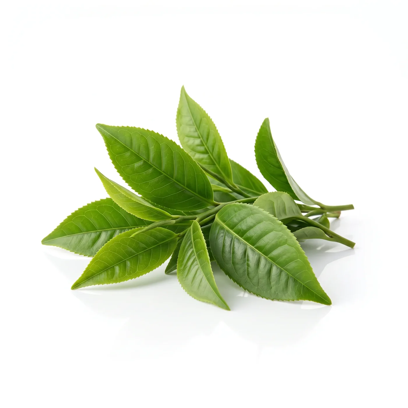 Fresh green tea leaves on a white background