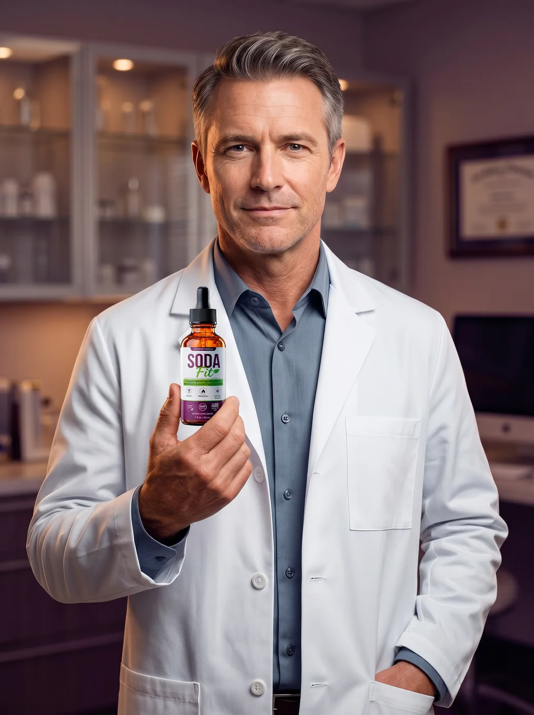 Health professional in a white coat holding a bottle of SodaFit weight loss drops