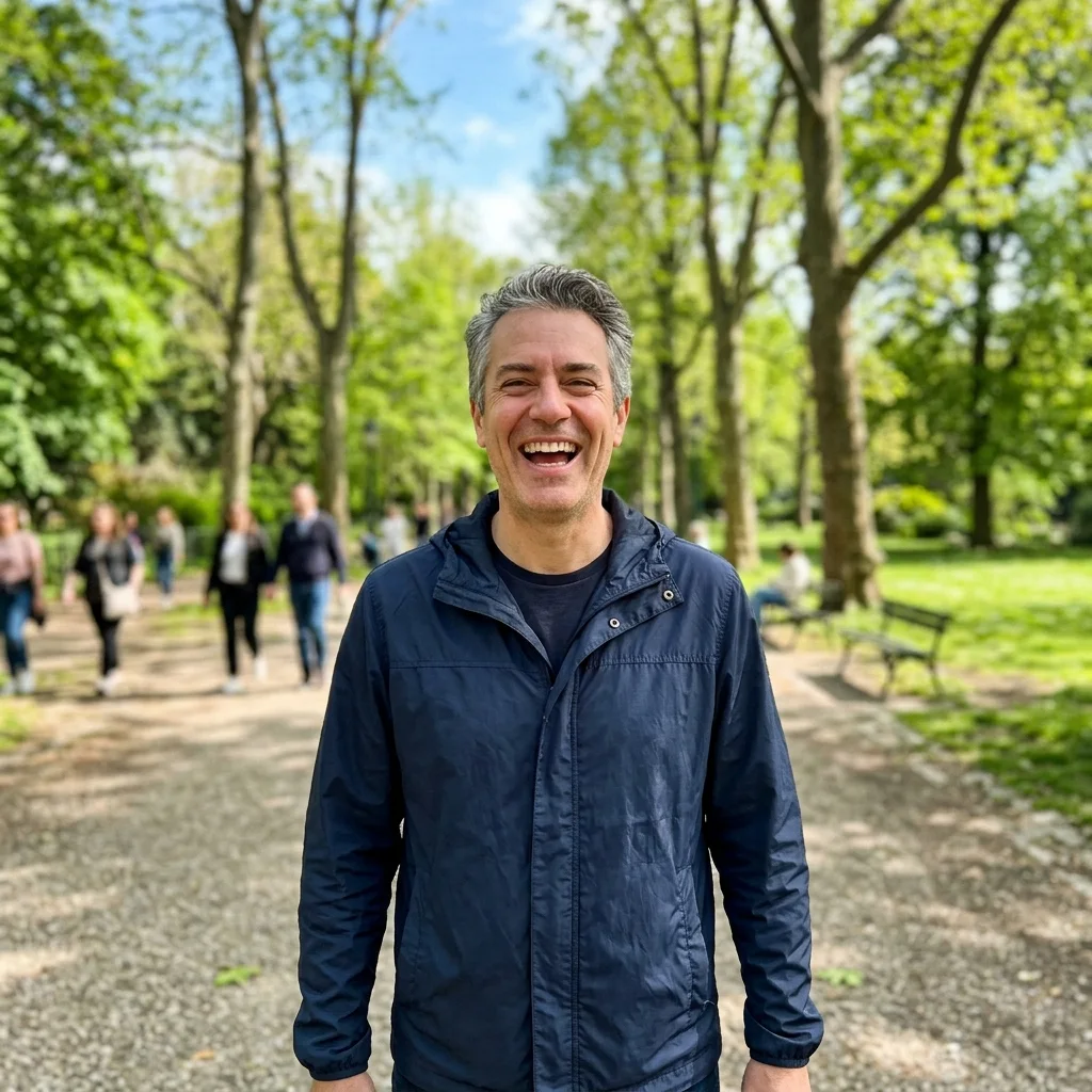 Active man laughing outdoors on a daily walk in the park