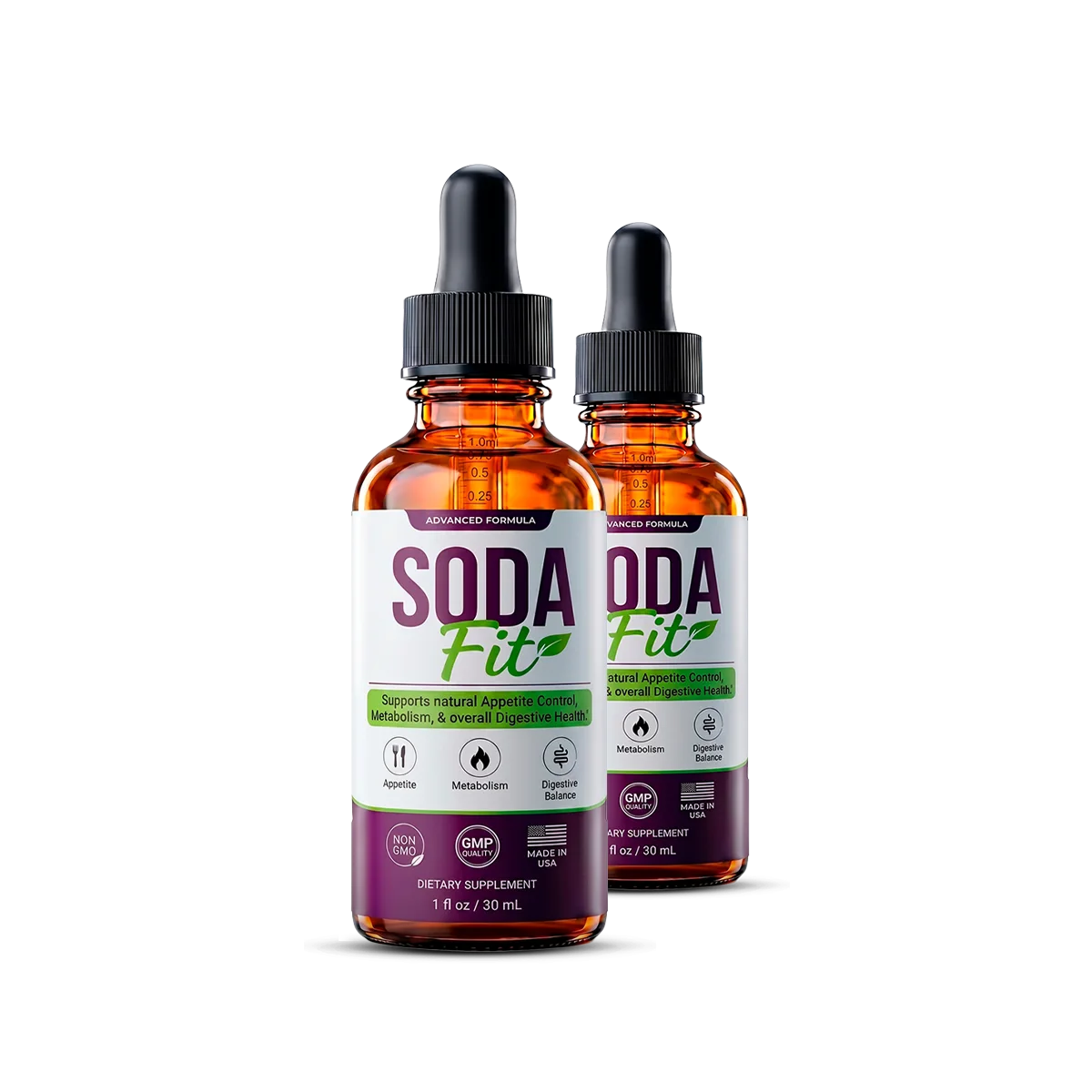 SodaFit liquid-drop bottles shown together, available in 1, 3 and 6-bottle packages