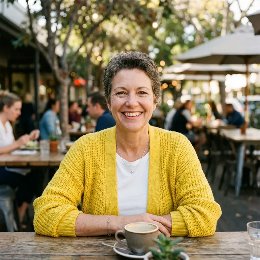 Smiling woman enjoying a coffee at a cafe after reaching a weight goal
